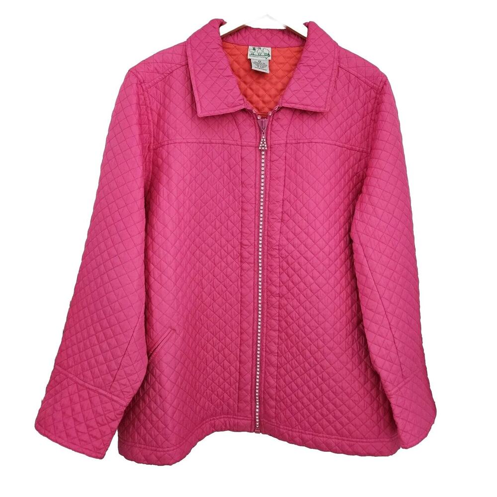 Quaker Factory Quilted Zip up Jacket Pink Orange Bling Womens Size 2x Silk
